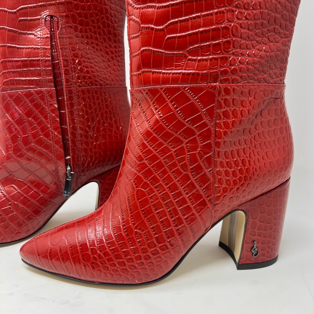 Sam Edelman Sylvia Knee High Boots, Scarlet Cherry Leather, Red Snakeskin 7.5M